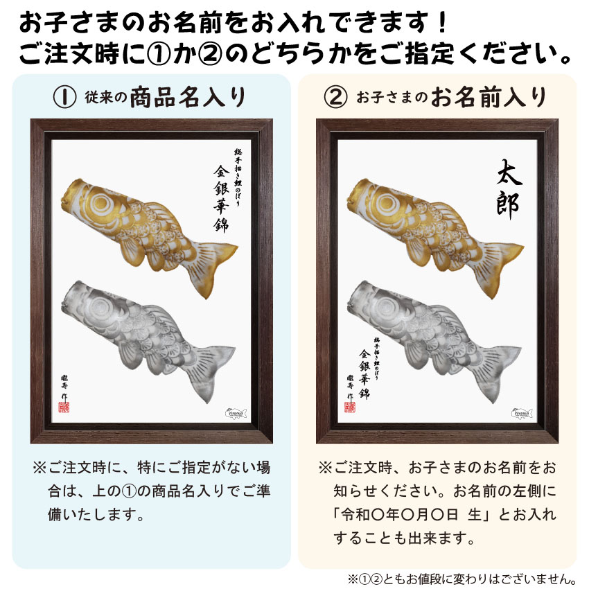 金銀華錦立体額入り鯉のぼりお名前入りの有無の確認