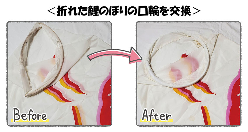 鯉のぼりの口輪の修理